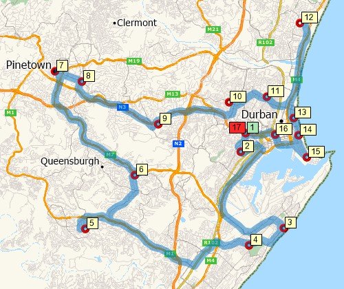 Map of optimised route serving multiple stops created with Maptitude South Africa map software